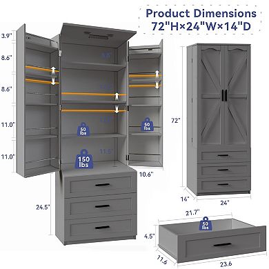 72-inch kitchen storage cabinet with 3 drawers, adjustable shelves, country style