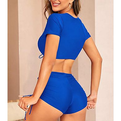 Women's Two Piece Swimsuit Short Sleeve Drawstring Crop Top Ruched Swim Shorts Set