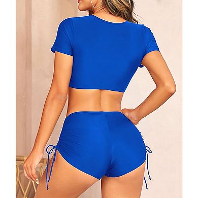 Women's Two Piece Swimsuit Short Sleeve Drawstring Crop Top Ruched Swim Shorts Set
