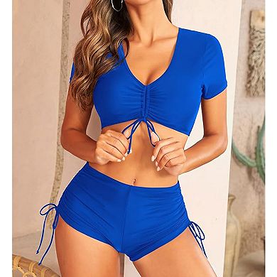 Women's Two Piece Swimsuit Short Sleeve Drawstring Crop Top Ruched Swim Shorts Set