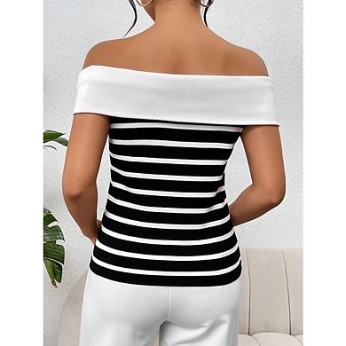 Women's Off Shoulder Pullover Blouse Tops Short Sleeve Knitted Pullover Sweater Top