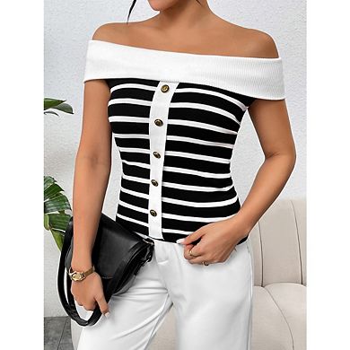 Women's Off Shoulder Pullover Blouse Tops Short Sleeve Knitted Pullover Sweater Top