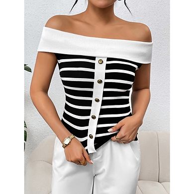 Women's Off Shoulder Pullover Blouse Tops Short Sleeve Knitted Pullover Sweater Top