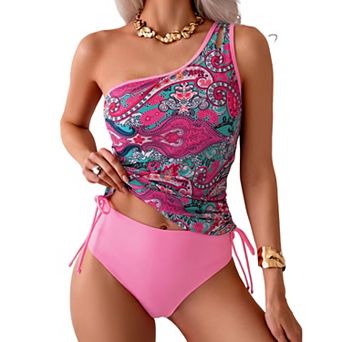 Women's Paisley Print Two Piece Swimsuit One Shoulder Tie Side High Waisted Bikini Set