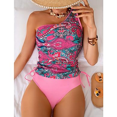 Women's Paisley Print Two Piece Swimsuit One Shoulder Tie Side High Waisted Bikini Set