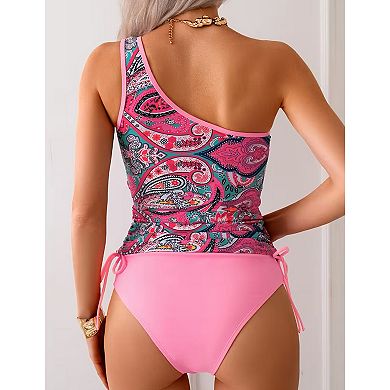 Women's Paisley Print Two Piece Swimsuit One Shoulder Tie Side High Waisted Bikini Set