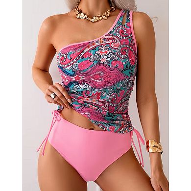 Women's Paisley Print Two Piece Swimsuit One Shoulder Tie Side High Waisted Bikini Set