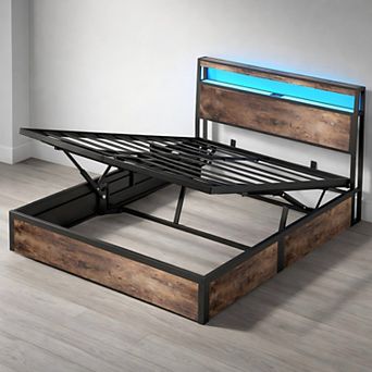Lufeiya Full Size Hydraulic Lift Storage Bed Frame with RGB LED Lights, USB/Type-C Charging Station
