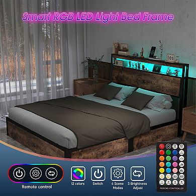 Lufeiya Full Size Hydraulic Lift Storage Bed Frame with RGB LED Lights, USB/Type-C Charging Station