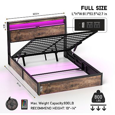 Lufeiya Full Size Hydraulic Lift Storage Bed Frame with RGB LED Lights, USB/Type-C Charging Station