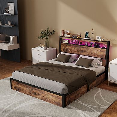 Lufeiya Full Size Hydraulic Lift Storage Bed Frame with RGB LED Lights, USB/Type-C Charging Station