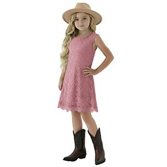 2Bunnies Girls' 12m-12yr Boho Rustic Vintage Lace Scalloped Hem Sleeveless Shift Dress