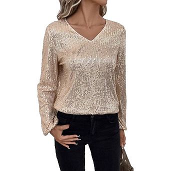 Women's Sparkly Sequin Long Sleeve Glitter Dressy Blouses V-Neck Club Party Shirts