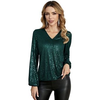 Women's Sparkly Sequin Long Sleeve Glitter Dressy Blouses V-Neck Club Party Shirts