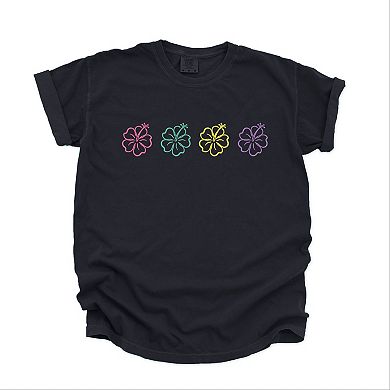 Embroidered Hibiscus Flowers - Women's Garment Dyed Graphic T-Shirt