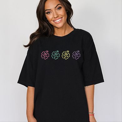 Embroidered Hibiscus Flowers - Women's Garment Dyed Graphic T-Shirt