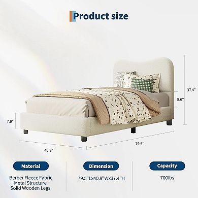 Bed Frame with Berber Fleece Upholstered Headboard, Cute Low Profile Platform Bed