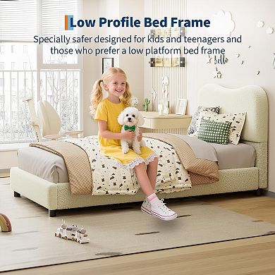 Bed Frame with Berber Fleece Upholstered Headboard, Cute Low Profile Platform Bed