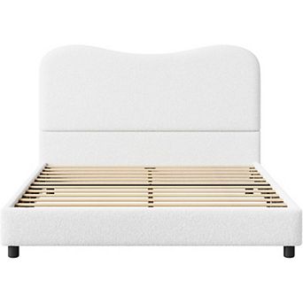 Bed Frame with Berber Fleece Upholstered Headboard, Cute Low Profile Platform Bed