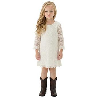 2Bunnies Girls' 12m-12yr Boho Rustic Vintage Lace Scalloped Hem 3/4 Sleeve Shift Dress