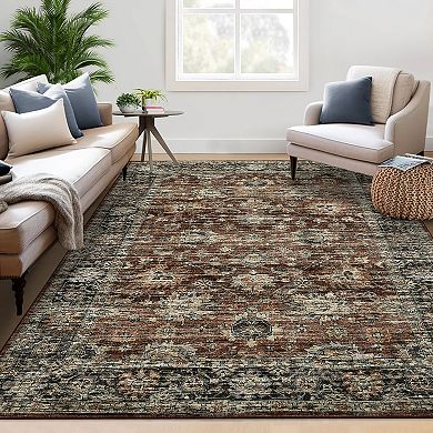 Distressed Area Rug Machine Washable Low Pile Pet Friendly Ultra Thin Carpet for Kid's Room Kitchen
