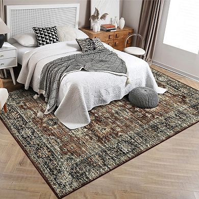 Distressed Area Rug Machine Washable Low Pile Pet Friendly Ultra Thin Carpet for Kid's Room Kitchen