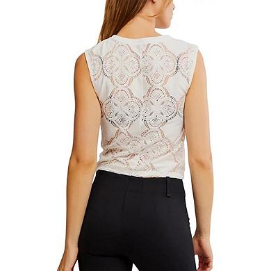 Women's Crew Neck Knit Tank Tops Lace Patch Hollow Out Solid Color Button Down Top
