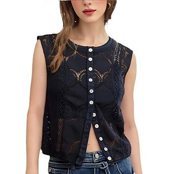 Women's Crew Neck Knit Tank Tops Lace Patch Hollow Out Solid Color Button Down Top