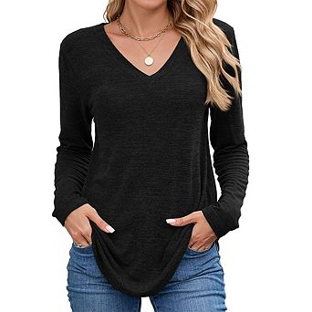 V Neck Long Sleeve Shirts for Women Soft Basic Tee Fall and Winter Casual Tops Trendy Everyday Wear