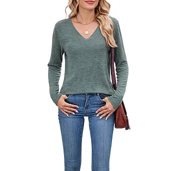 V Neck Long Sleeve Shirts for Women Soft Basic Tee Fall and Winter Casual Tops Trendy Everyday Wear