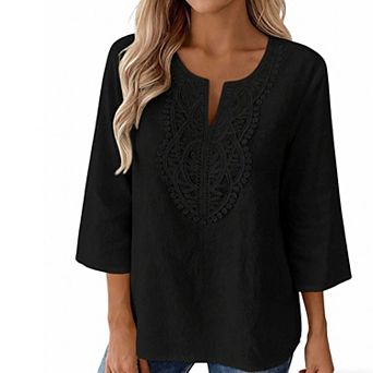 Women's Sleeveless Lace Accent V Neck Shirt, 3/4 Sleeve Linen Office Blouse