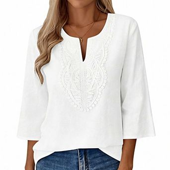 Women's Sleeveless Lace Accent V Neck Shirt, 3/4 Sleeve Linen Office Blouse