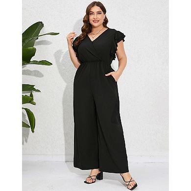Women's Plus Size Short Sleeve Wide Leg Jumpsuit with Pockets