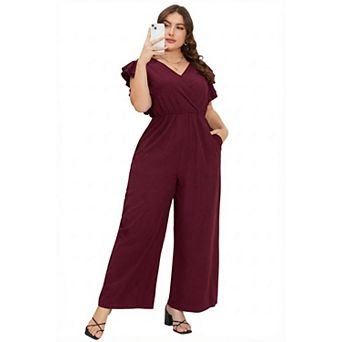 Women's Plus Size Short Sleeve Wide Leg Jumpsuit with Pockets