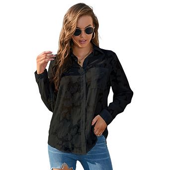 Women's Loose Casual Chiffon Blouse Long Sleeve V Neck Printed Shirts Loose Business Work Top