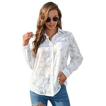 Women's Loose Casual Chiffon Blouse Long Sleeve V Neck Printed Shirts Loose Business Work Top