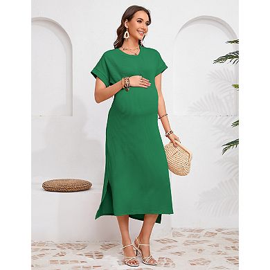 Women's Maternity Short Sleeve Midi Dress Crewneck Side Slit Pregnancy Outfit