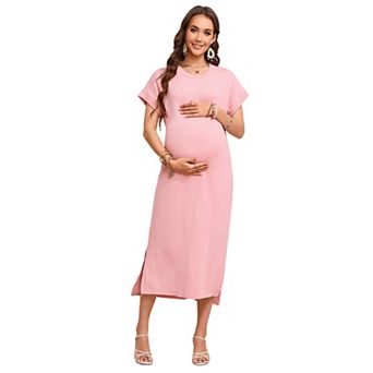 Women's Maternity Short Sleeve Midi Dress Crewneck Side Slit Pregnancy Outfit