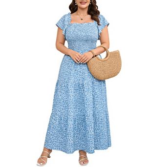 Women's Plus Size Square Neck Short Sleeve Dress Ruffled Trim Smocked Casual Summer Maxi Dress