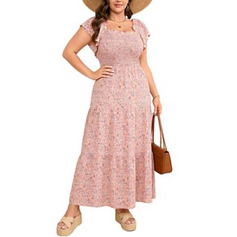 Women's Plus Size Square Neck Short Sleeve Dress Ruffled Trim Smocked Casual Summer Maxi Dress
