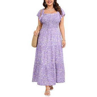 Women's Plus Size Square Neck Short Sleeve Dress Ruffled Trim Smocked Casual Summer Maxi Dress