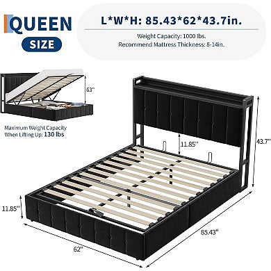 Lift-Up Storage Bed Frame with Headboard Storage, Button-Tufted Upholstered Platform