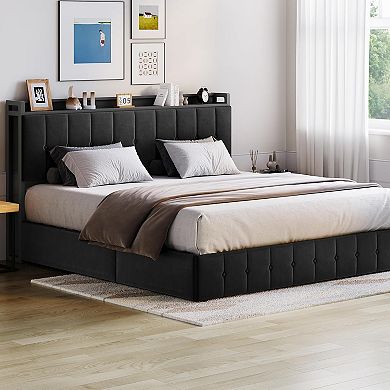 Lift-Up Storage Bed Frame with Headboard Storage, Button-Tufted Upholstered Platform
