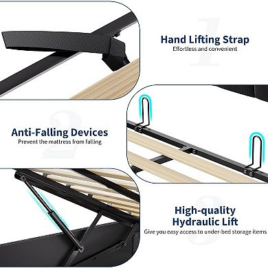 Lift-Up Storage Bed Frame with Headboard Storage, Button-Tufted Upholstered Platform