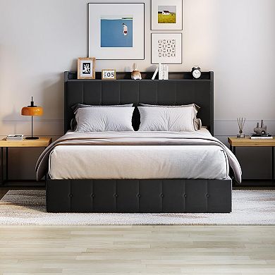 Lift-Up Storage Bed Frame with Headboard Storage, Button-Tufted Upholstered Platform