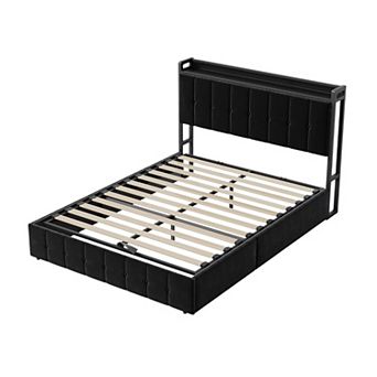 Lift-Up Storage Bed Frame with Headboard Storage, Button-Tufted Upholstered Platform