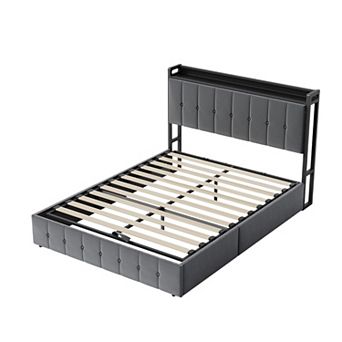 Lift-Up Storage Bed Frame with Headboard Storage, Button-Tufted Upholstered Platform
