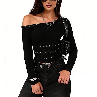 Womens Off Shoulder Crop Tops Asymmetrical Fitted Long Sleeve Baby Tee Shirts Tunics