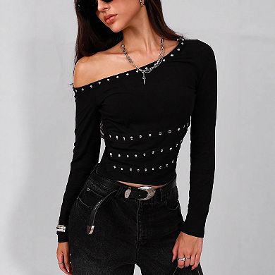 Womens Off Shoulder Crop Tops Asymmetrical Fitted Long Sleeve Baby Tee Shirts Tunics