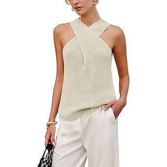 Halter Cross Over Collar Tank Top Soft Knit Sleeveless Summer Blouse